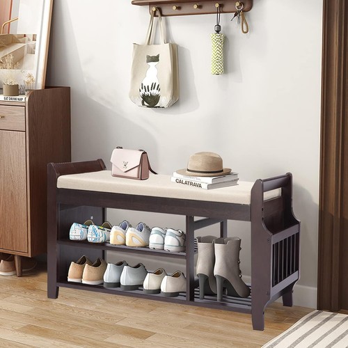 Compact Bamboo Entryway Bench with Cushioned Seat and Multiple Storage Options - Picture 12 of 12