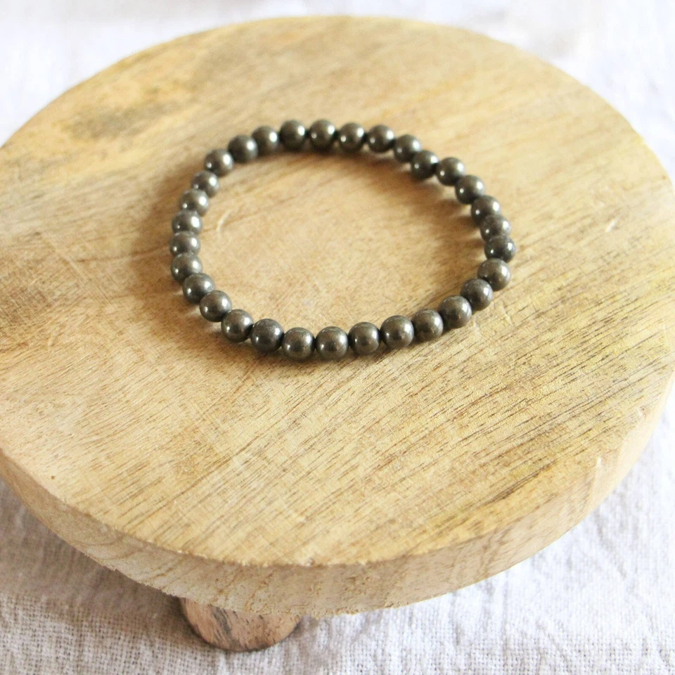 Pulsera de cuentas de piedra de pirita natural pulsera elástica de piedras preciosas curativas hecha a mano Foto 4 de 4