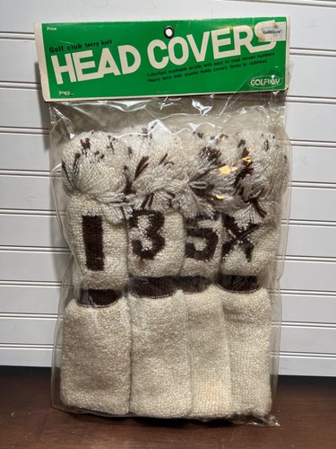 Vintage Golfway Golf Club Head Cover Plush Long Knit Headcover Pom Pom Tan New