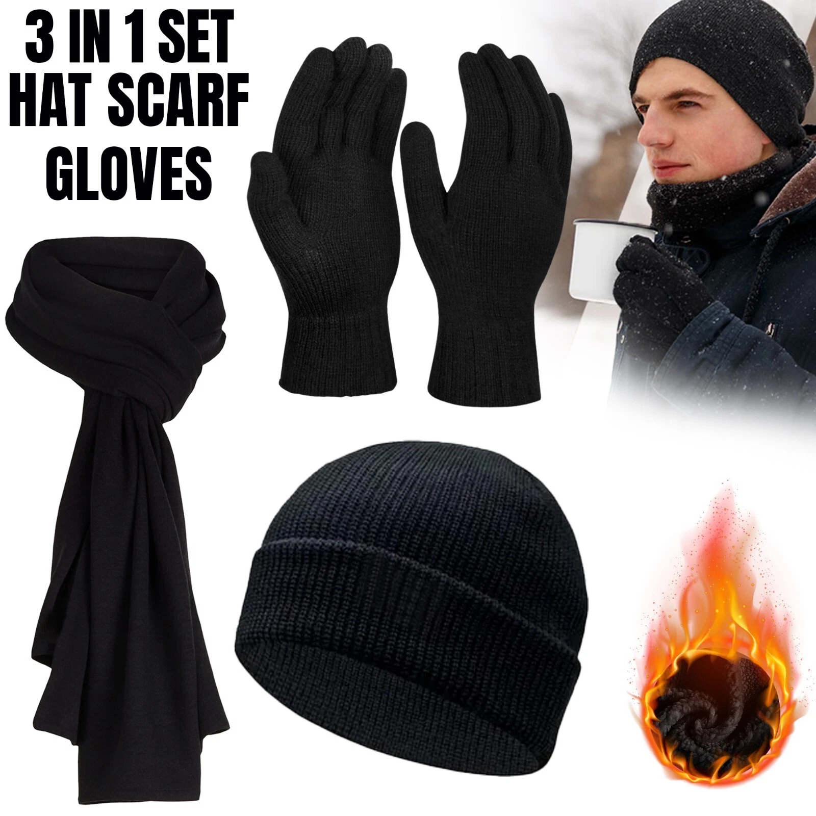 Scarf |Gloves |Hat | 3Pcs Warm Winter Knitted Thermal Gift for Men's Women Uk