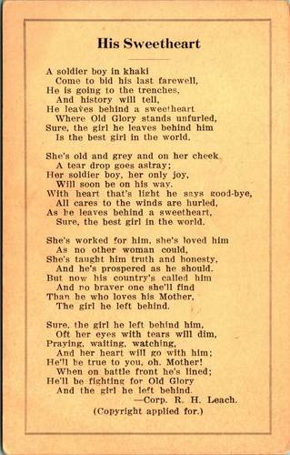 His Sweetheart Soldier Boy Poem R H Leach UNP 1910s DB Postcard Tobacco Vintage