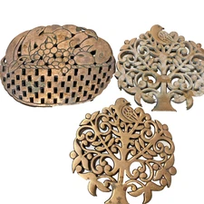 Vintage Cast Iron Copper Finish Trivet Tree of Life w/ Dove Bird Wall Decor +