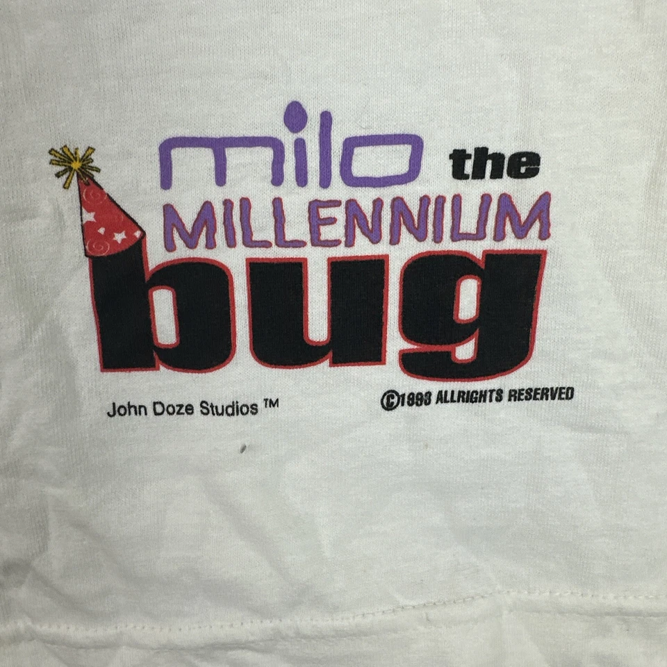复古 1998 Milo Millennium Bug T 恤男式 XL Tick Tok 时钟 1998 白色 — 第 4/4 张图片
