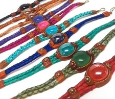 Round Gem Bead Braided Dyed Leather Bracelet Unisex Handmade Boho Accessories