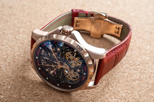 Mens Rose Gold Double Flywheel Automatic Mechanical Watch Red Leather Strap - Picture 8 of 12