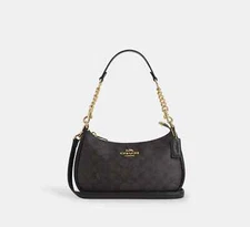COACH Teri Shoulder Bag In Signature Canvas Gold/Walnut/Black New Fast Shipping