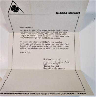 Vintage1980 Alfa Romeo Decal & Letter from AROC Owners Club Postmarked July 1980
