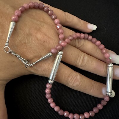 ARTISAN MADE ESTATE STERLING SILVER FACETED PINK RHODOCHROSITE NECKLACE 17 3/4 