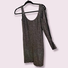 Silver Dress Women Medium Sparkly Asymmetrical Sleeve Cut Out Mini New Years