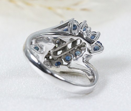 14K White Gold Natural Diamonds and Sapphires Waterfall Cluster Ring - Picture 3 of 6