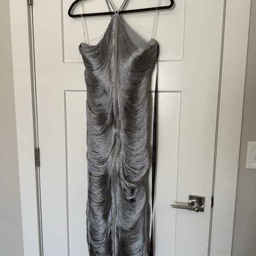 NEW RARE LONDON Halterneck Fringe Maxi Dress Silver Size UK 12 US 8 Evening - Picture 4 of 8