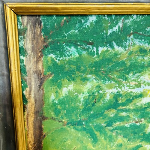 Vtg Mid Century Large Painting A Boy & His Dog Landscape Signed Folk Art 1965 - Picture 5 of 7