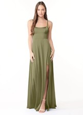 Azazie Halsey Pistachio Satin Sleeveless Spaghetti Strap Maxi Dress US 16