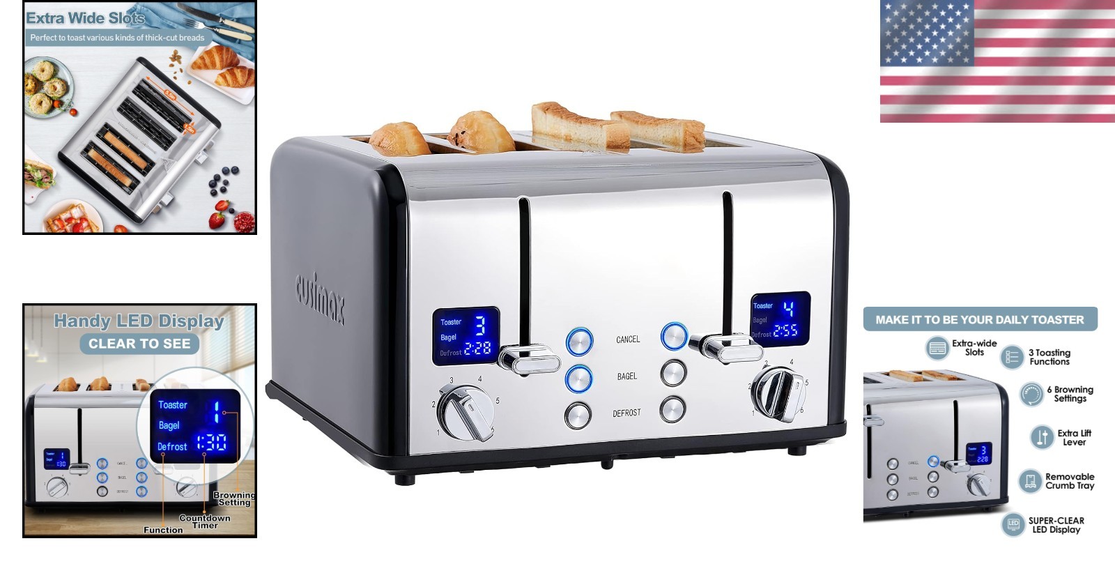 Classic Black 4 Slice Toaster with Removable Crumb Tray & Multiple Functions