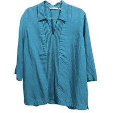 SOFT SURROUNDINGS L Linen Blend Tunic Top Pintuck Pleats Turquoise 3/4 Sleeves