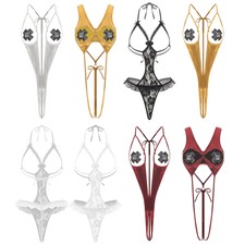 Women Glossy Lingerie Bodysuit Lace Thong Jumpsuit Bathing Suit Babydoll Leotard
