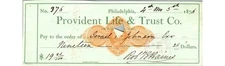 1876 Provident Life & Trust Check Philadelphia Banking Document South Street