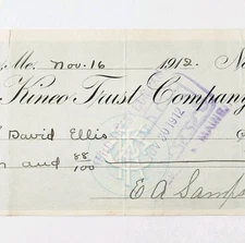 1912 Kineo Trust Company Bank Check E.A. Sampson Dover Maine Signed 995 CHX3