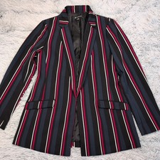 INC Jacket Womens M Black Blue Striped Blazer Faux Pockets Preppy Career Comfort