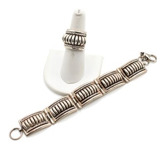 Southwest Signed Sterling Ribbed Coil Panel Bracelet 5.75 Ring Lot of 2 #S5834 2