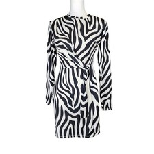 ASOS Wrap Mini Dress Womens 2 Black Ivory Zebra Bodycon Stretch Party Date Night