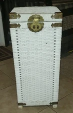 Vintage Antique White Painted Wicker Lift Top Storage/Laundry Basket