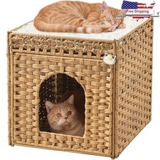 Indoor Cat House Cozy Relaxing Cat Cube Bed W/ Soft Cushions Safe Sturdy Rattan