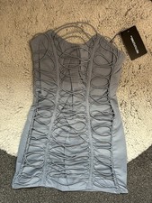 steel blue-grey pretty little thing strapless elasticated lace up mini dress NWT