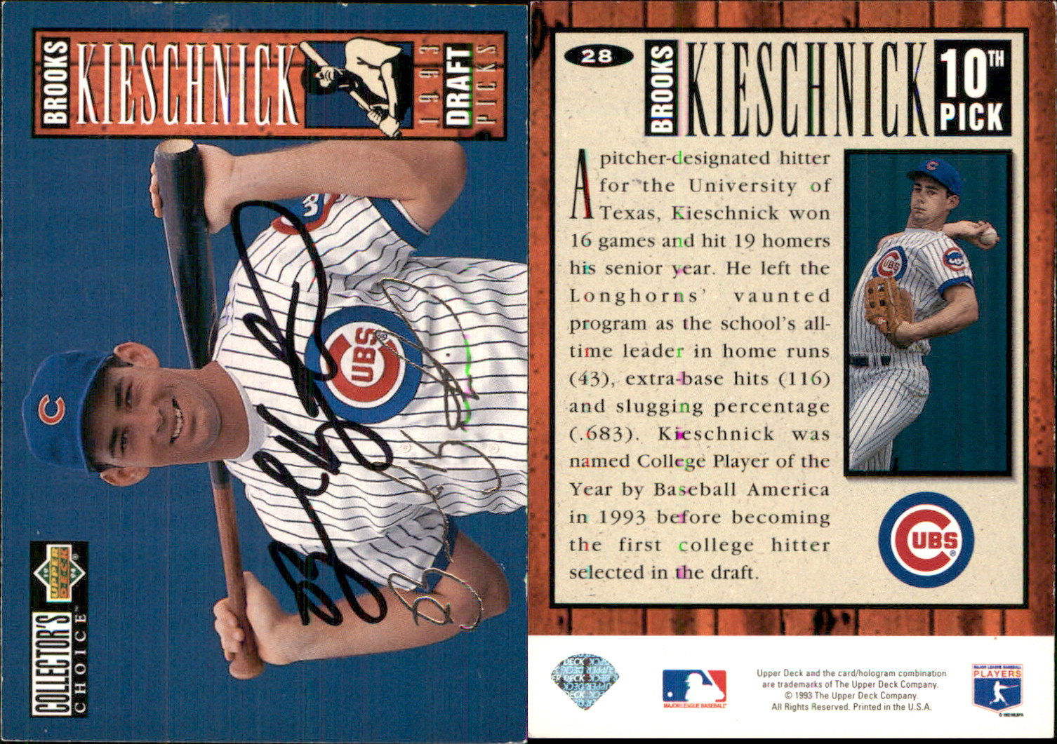 Brooks Kieschnick Signed 1994 Collector's Choice #28 Card Chicago Cubs Auto AU