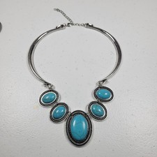 Statement Bib Collar Necklace Faux Turquoise Silver Tone Southwest Style 17 20"