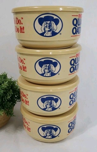 4 Vintage 1988 Instant Quaker Haferflocken Kunststoff Müslischale & Deckel gelb rot blau USA - Bild 6 von 11