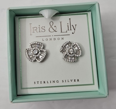 Iris & Lily London Floral Stud Earrings Sterling Silver Cubic Zirconia Stones