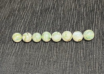 Lot of 8 Vintage Jabo Marbles Matching Opalescent Glass w/Green Adventurine +Box