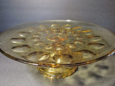 Vintage Hazel Atlas Thumbprint Amber Glass Footed Cake Plate Pedistal Stand 10"