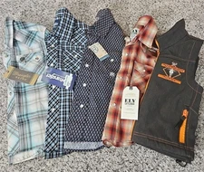 4 New Pearl Snap Western Shirts Vest Wrangler Roper Ely Cowboy Hardware Lot NWT 