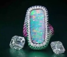 Large Cushion Shape Opal With Multi Color Sapphire Beautiful 925 Silver Ring Her