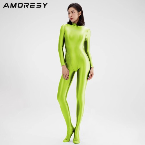 AMORESY Women's Smooth Glossy Jumpsuits Long Sleeve Yoga Zipper Fitness Catsuits - Picture 5 of 50