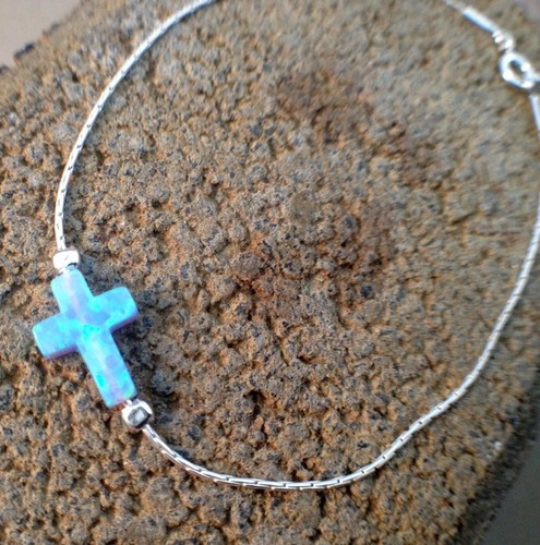 Pulsera Cruz Ópalo Azul Dije Plata Esterlina Joyería Octubre Piedra de Nacimiento 1 PIEZA - Imagen 5 de 9
