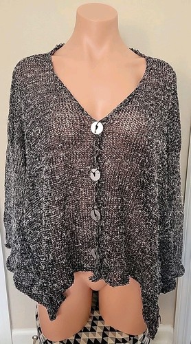 Skifo Internation Black Cardigan Sweater Lagenlook Artsy Boho L XL Linen Blend - 第 1/15 張圖片