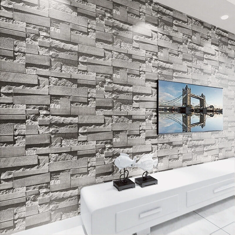 Slate Grey Realistic Brick Wall Faux Wallpaper 3D Effect Rustic