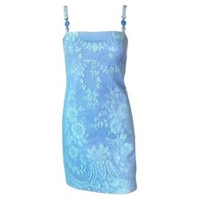 Gianni Versace F/W 1996 Vintage Floral Lace and Leather Blue Mini Dress