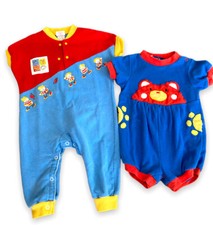 2 Vintage BUSTER BROWN Rompers COLOR BLOCK Buster Brown Made USA 12M 18M