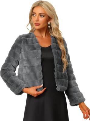 Allegra K Women's Winter Warm Cropped Jacket Collarless Faux Fur