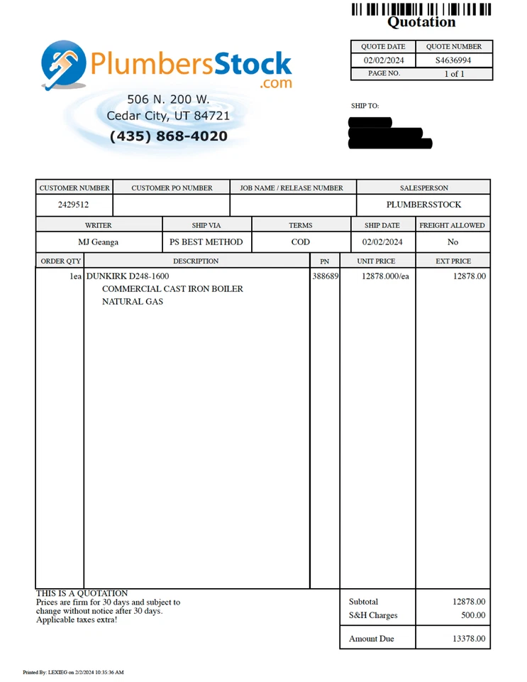 Совершенно новый паровой котел - DUNKIRK D248-1600 388689 коммерческий чугун натуральный G - Изображение 2 из 2