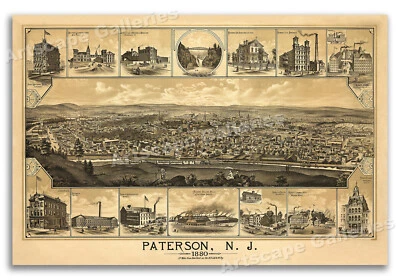 1880 Paterson New Jersey Vintage Old Panoramic City Map - 16x24