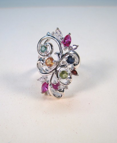 FANCY SAPPHIRE & GEMSTONE RING 2.00 CTW sz 7 WHITE GOLD over 925 STERLING SILVER - Picture 6 of 12