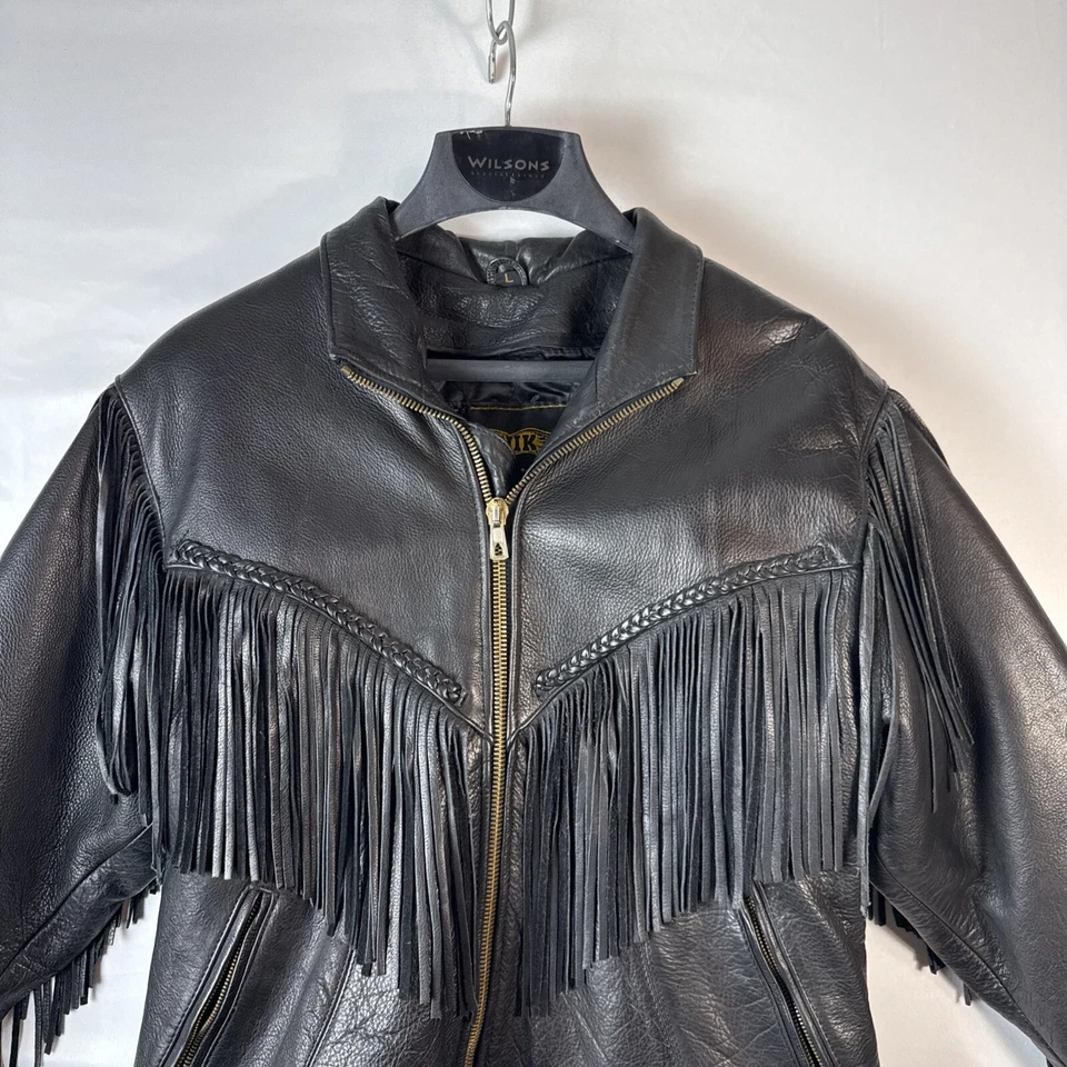 Chaqueta de motociclista UNIK para mujer ultra negra con flecos de cuero L con forro de cremallera años 80’s Foto 2 de 4