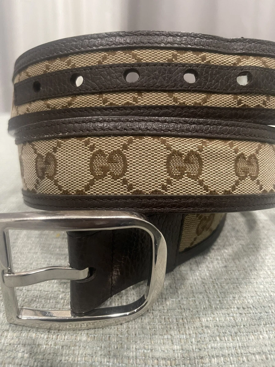 Gucci GG Canvas Brown Leather Palladium Buckle Belt 95/38 449716