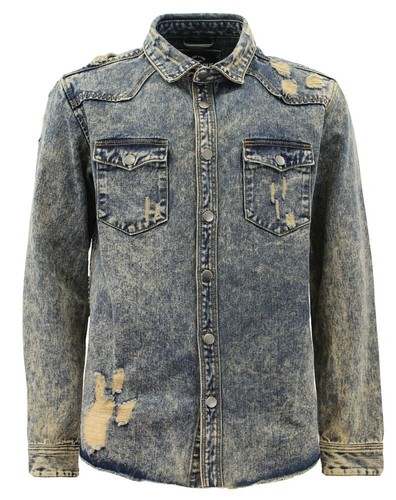 MENS DESTROYED RIPPED BUTTON UP DENIM LONG SLEEVE COLLAR JEAN OVERSHIRT M-2X - Picture 5 of 24