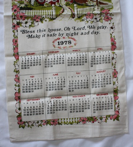 Vintage 1978 Kalender Leinen Geschirrtuch SEGNE DIESES HAUS mit Hartriegelborte - Bild 3 von 3